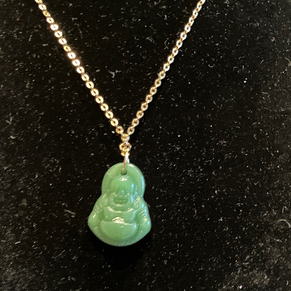 Jade Happy Buddha seated on 16” gold chain